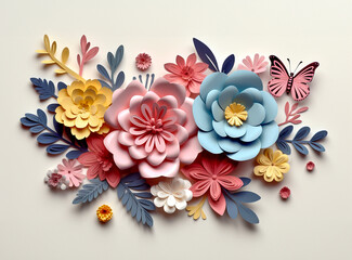 artful arrangement of cut-paper flowers stands as a testament to delicate craftsmanship. Roses, daisies, dahlias, , generative ai