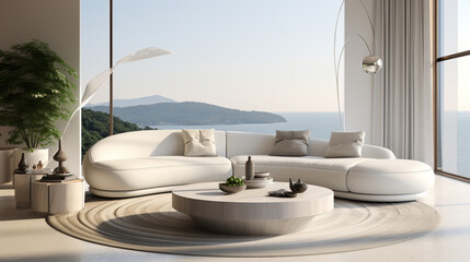 Ultra-modern living room with a sofa design, coffee table, and rug, AI Generated