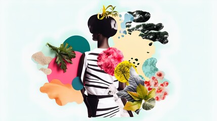 Colorful collage-style abstract illustration, sustainable fashion concept. Importance of eco-conscious, ethical production, and the use of sustainable materials in the fashion industry. Generative AI