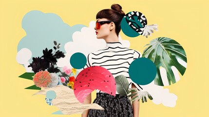Colorful collage-style abstract illustration, sustainable fashion concept. Importance of eco-conscious, ethical production, and the use of sustainable materials in the fashion industry. Generative AI