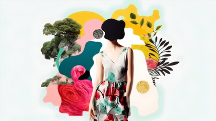 Colorful collage-style abstract illustration, sustainable fashion concept. Importance of eco-conscious, ethical production, and the use of sustainable materials in the fashion industry. Generative AI - obrazy, fototapety, plakaty
