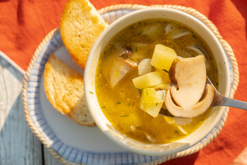 Mushroom soup with porcini mushrooms in a white round plate. Top view