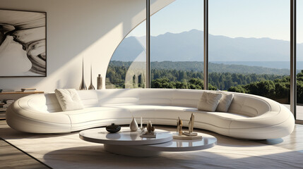 Fototapeta premium Ultra-modern living room with a sofa design, coffee table, and rug, AI Generated
