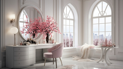A glamorous dressing room for a fashionista with a vanity table, glass window, feminine and luxurious space, AI Generated