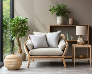 Minimalist modern living room and armchair background, Scandinavian style