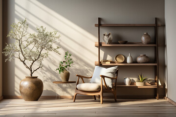 Fototapeta na wymiar clean dan minimalist living room with shelf and armchair. beige comfortable apartment design