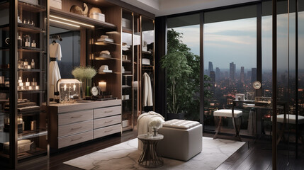 A glamorous dressing room for a fashionista with a vanity table, glass window, feminine and luxurious space, AI Generated