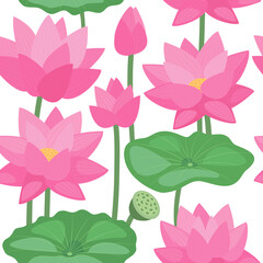 Seamless pattern of hand-drawn tropical flowers lotus. Vector botanical illustration.