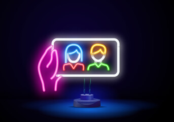 Selfie neon light icon. Outer glowing effect. Sign with alphabet, numbers and symbols. Self photo, front camera picture. Young girl portrait on smartphone screen vector isolated RGB color illustration