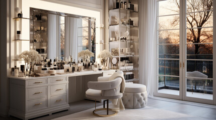 A glamorous dressing room for a fashionista with a vanity table, glass window, feminine and luxurious space, AI Generated