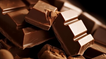 Chocolate, food and sweets, crushed fresh milk chocolates bars, generative ai