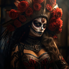 Painted and disguised woman for the Day of the Dead in Mexico. Generative AI.