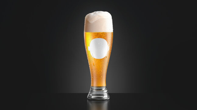 Blank transparent beer glass with white label mockup, dark background