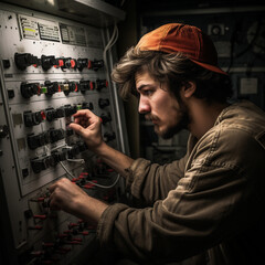 Operator working on a control panel in a factory. Generative AI.