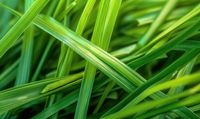 Obraz premium Fresh lush green grass on meadow with drops of water dew. Close-up macro. Generative AI tools