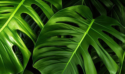 Obraz na płótnie Canvas Monstera leaf wallpaper. Tropical foliage background. Natural textured. For postcard, book illustration. Created with generative AI tools