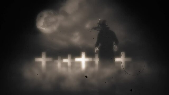 Spooky Demon Wicked Graveyard Moonlight Tombs Retro Style Old Film. Creepy ghostly figure standing on a spooky cemetery at night under the full moon, vintage style. Zoom in