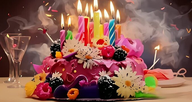 Birthday Cake For a Celebration with Candle lights,flowers,fruits