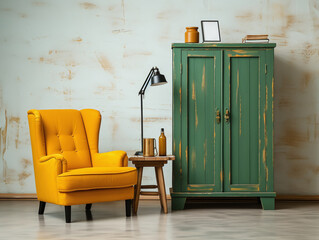 Wooden rustic cabinet near armchair and lamp. Interior design of modern living room