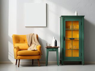 Living room with yellow armchair and sideboard on empty grey wall background.