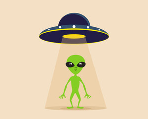 UFo Alien and Space ship UFO ray of light flat vector design.