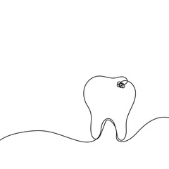 Carious tooth vector icon drawn with one continuous single line. Dentistry health of teeth in sketch style.