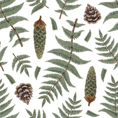 Seamless pattern design with botanical illustrations of fern and pine cone. Cottegecore style. Perfect for fabric, home textile, wallpaper, packaging design, stationery and other goods