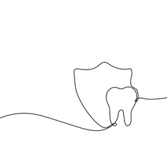 Tooth with shield symbol of protection vector icon drawn with one continuous single line. Human tooth with roots in sketch style.