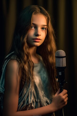 Close-up of a young girl singing into a microphone in stage lighting.