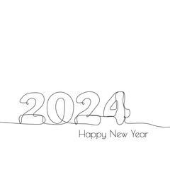 Vector number 2024 hand drawn with one continuous single line. 2024 Happy New Year greeting card in sketch style.