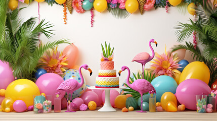 Where the tropics meet your birthday A unique border design featuring tropical elements for summer birthday parties
