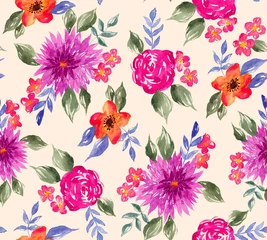  Watercolor flowers pattern, pink tropical elements, green leaves, yellow background, seamless © Leticia Back