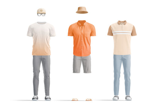 Blank colored casual summer costume mockup set, front view
