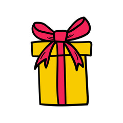 Vector hand drawn gift box with bow icon. Present wrapped with red ribbon in doodle style.