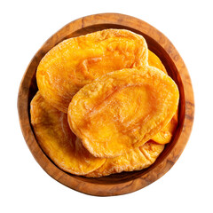 Dried apricots in wooden bowl isolated on white background. Dried fruits, healthy vegan snack. Top view.