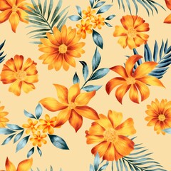 Watercolor flowers pattern, yellow tropical elements, green leaves, yellow background, seamless