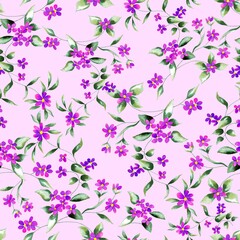 Fototapeta na wymiar Watercolor flowers pattern, purple romantic elements, green leaves, purple background, seamless