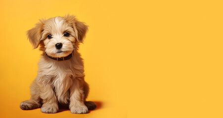 Illustration, cute puppy on a yellow background. copy space right for text.