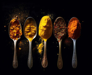 Food spices in vibrant colors in spoons on a wooden table. AI generated