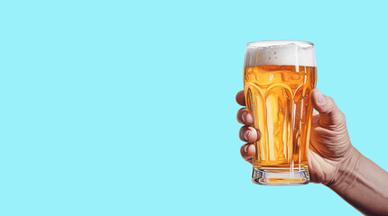 Close-up of a man's hand holding a glass of beer on a white background, isolated object, copy space.