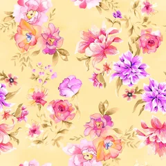 Deurstickers Watercolor flowers pattern, pink and purple tropical elements, green leaves,yellow background, seamless © Leticia Back