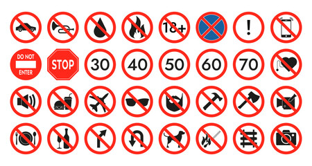 Red prohibition icon. Danger smoking warning sign, cigarette, alcohol and weapon prohibited signs and public warning icons. Vector flat collection. Restrictions for cellphone, sunglasses, pets