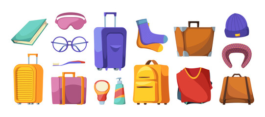 Travel luggage stuff. Cartoon summer vacation luggage with sunglasses socks head pillow and toothbrush, flat bags with items on luggage. Vector illustration. Suitcase with clothing and accessory