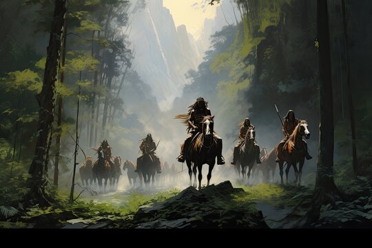 A group of American Indians on horseback in the rays of the setting sun. The keepers of real traditions in national dress.