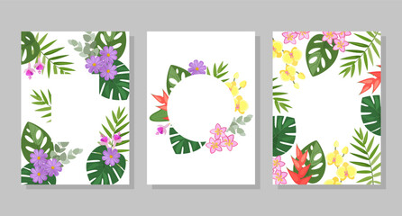 Set of tropical flower compositions, backgrounds, frames, postcards. Vector botanical illustration for booklet, invitation or flyer.