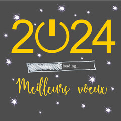 New year 2024 square greeting card written in French in yellow with lots of stars  on a grey background- "meilleurs voeux" means "best wishes"