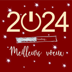 New year 2024 square greeting card written in French with lots of stars on red background - "meilleurs voeux" means "best wishes"