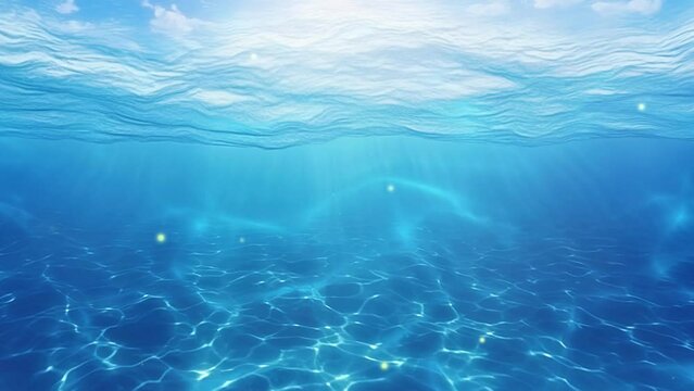 Underwater slow motion shot of sun rays shining through the surface of the clear blue peaceful ocean. HD video animation 4K