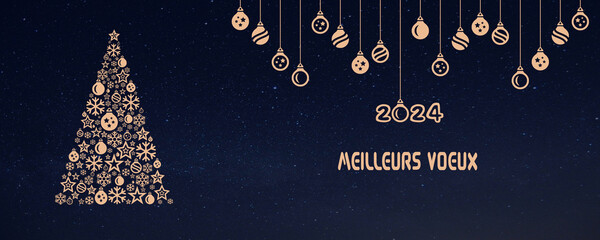 Wish card 2024 written in French with golden Christmas' balls and Christmas tree with stars and Christmas' balls on a starry night background - "meilleurs voeux" means "best wishes"
