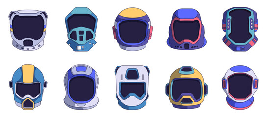 Cute astronaut helmet set. Cartoon cosmic spacesuit helmets with funny stickers, flat universe spaceship avatars for sticker chat application. Vector collection. Futuristic cosmonaut costume